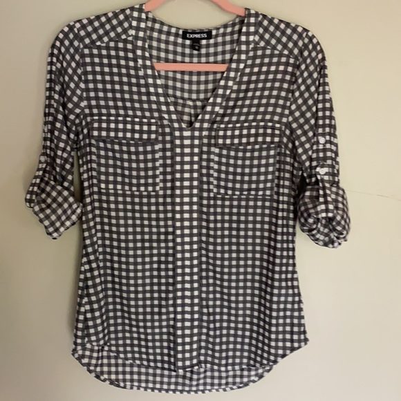 Express Tops - Express Gingham Collarless City Shirt - XS